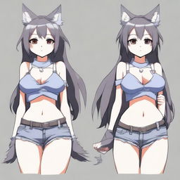 Create an anime-style image of a tall, sexy neko girl with wolf ears, a dark gray fur tail, and wolf legs from the knees down