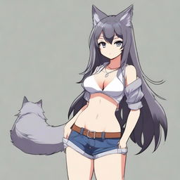 Create an anime-style image of a tall, sexy neko girl with wolf ears, a dark gray fur tail, and wolf legs from the knees down