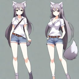 Create an anime-style image of a tall, sexy neko girl with wolf ears, a dark gray fur tail, and wolf legs from the knees down