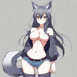 Create an anime-style image of a tall, sexy neko girl with wolf ears, a dark gray fur tail, and wolf legs from the knees down