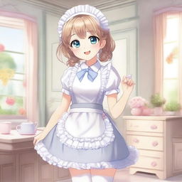 A cute maid uniform featuring frilly edges, a white apron, and a matching headband