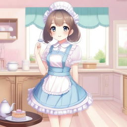 A cute maid uniform featuring frilly edges, a white apron, and a matching headband