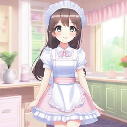 A cute maid uniform featuring frilly edges, a white apron, and a matching headband