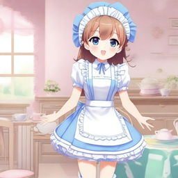 A cute maid uniform featuring frilly edges, a white apron, and a matching headband