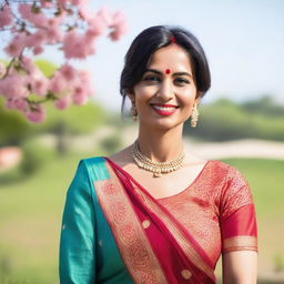 A beautiful mom wearing a traditional Indian saree, standing gracefully with a warm smile