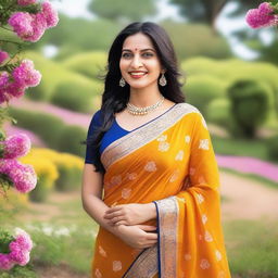 A beautiful mom wearing a traditional Indian saree, standing gracefully with a warm smile