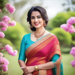 A beautiful mom wearing a traditional Indian saree, standing gracefully with a warm smile