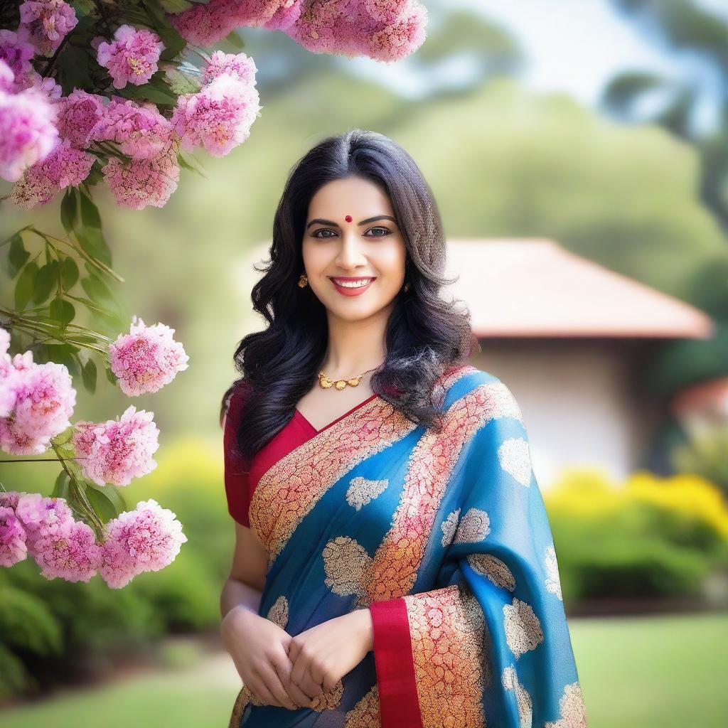 A beautiful mom wearing a traditional Indian saree, standing gracefully with a warm smile