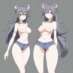 Create an anime-style image of a tall, sexy neko girl with wolf ears, dark gray fur tail, and wolf legs from the knees down