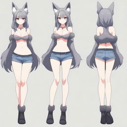 Create an anime-style image of a tall, sexy neko girl with wolf ears, dark gray fur tail, and wolf legs from the knees down