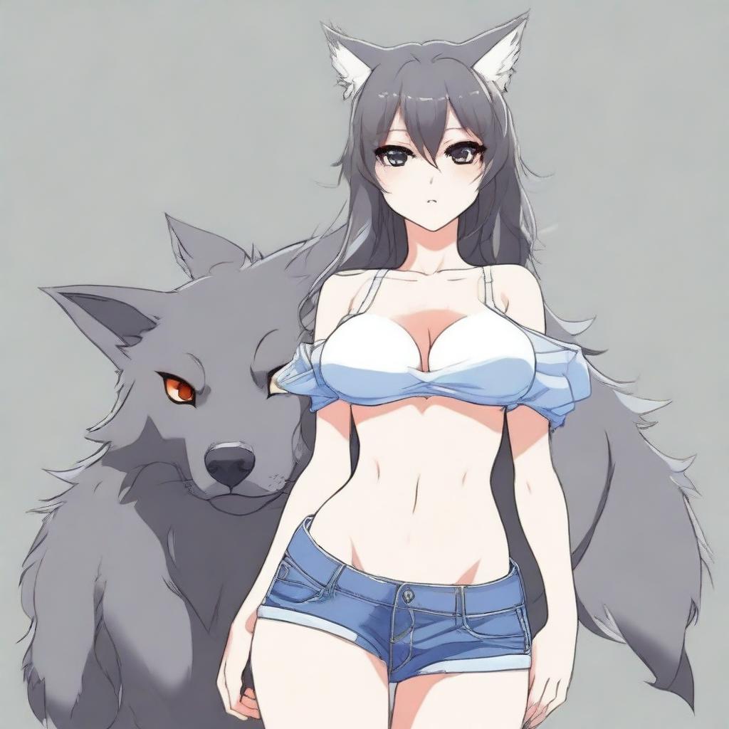 Create an anime-style image of a tall, sexy neko girl with wolf ears, dark gray fur tail, and wolf legs from the knees down