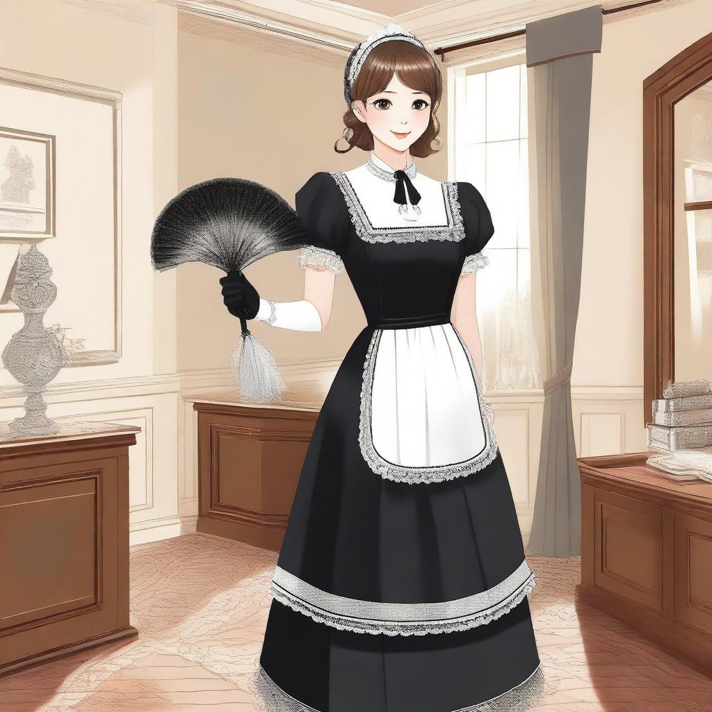 A detailed illustration of a maid in a classic French maid outfit, complete with a white apron, black dress, and a lace headband