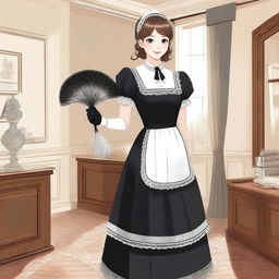 A detailed illustration of a maid in a classic French maid outfit, complete with a white apron, black dress, and a lace headband