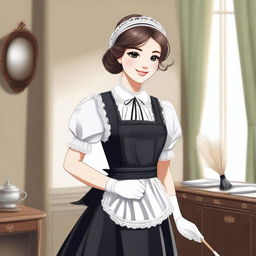 A detailed illustration of a maid in a classic French maid outfit, complete with a white apron, black dress, and a lace headband