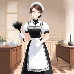 A detailed illustration of a maid in a classic French maid outfit, complete with a white apron, black dress, and a lace headband