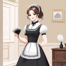 A detailed illustration of a maid in a classic French maid outfit, complete with a white apron, black dress, and a lace headband