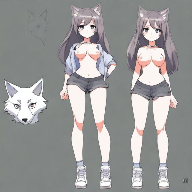 Create an anime-style image of a tall, sexy neko girl with wolf ears, dark gray fur tail, and wolf legs from the knees down