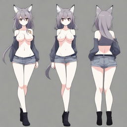 Create an anime-style image of a tall, sexy neko girl with wolf ears, dark gray fur tail, and wolf legs from the knees down