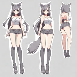 Create an anime-style image of a tall, sexy neko girl with wolf ears, dark gray fur tail, and wolf legs from the knees down