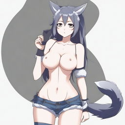 Create an anime-style image of a tall, sexy neko girl with wolf ears, dark gray fur tail, and wolf legs from the knees down