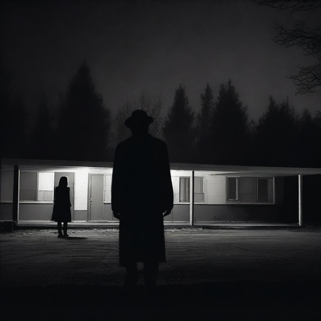 A creepy shadow figure stands ominously in the foreground with an eerie, rundown motel in the background