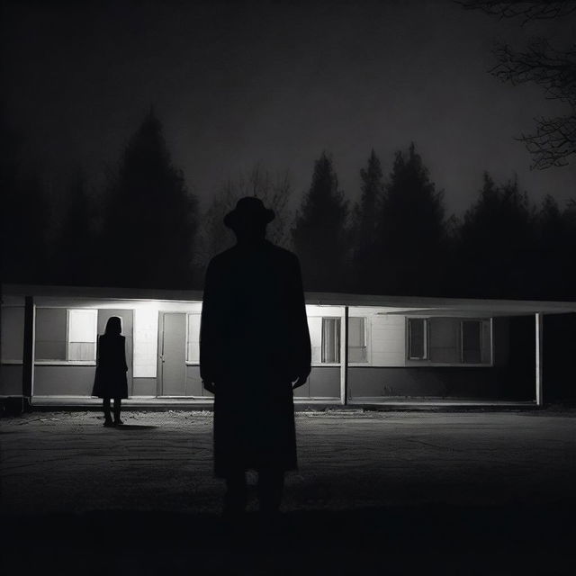 A creepy shadow figure stands ominously in the foreground with an eerie, rundown motel in the background