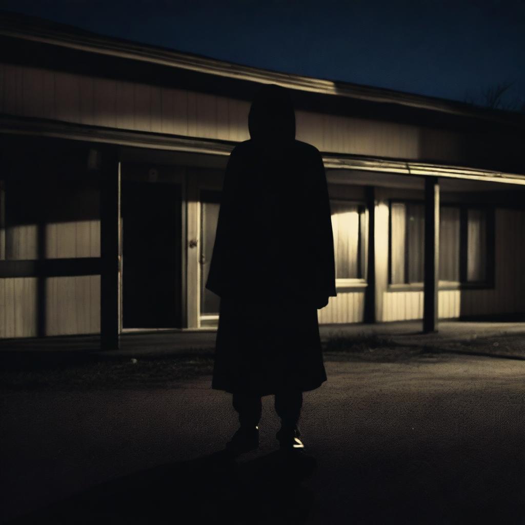 A creepy shadow figure stands ominously in the foreground with an eerie, rundown motel in the background