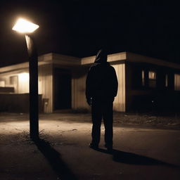 A creepy shadow figure stands ominously in the foreground with an eerie, rundown motel in the background