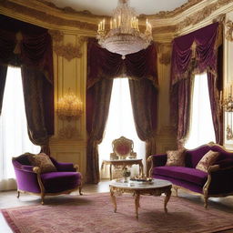 Create a luxurious hotel room inspired by the style of Louis XIV, featuring ornate furniture, rich fabrics, gilded decorations, and an opulent chandelier