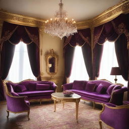 Create a luxurious hotel room inspired by the style of Louis XIV, featuring ornate furniture, rich fabrics, gilded decorations, and an opulent chandelier