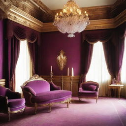 Create a luxurious hotel room inspired by the style of Louis XIV, featuring ornate furniture, rich fabrics, gilded decorations, and an opulent chandelier