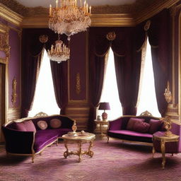 Create a luxurious hotel room inspired by the style of Louis XIV, featuring ornate furniture, rich fabrics, gilded decorations, and an opulent chandelier