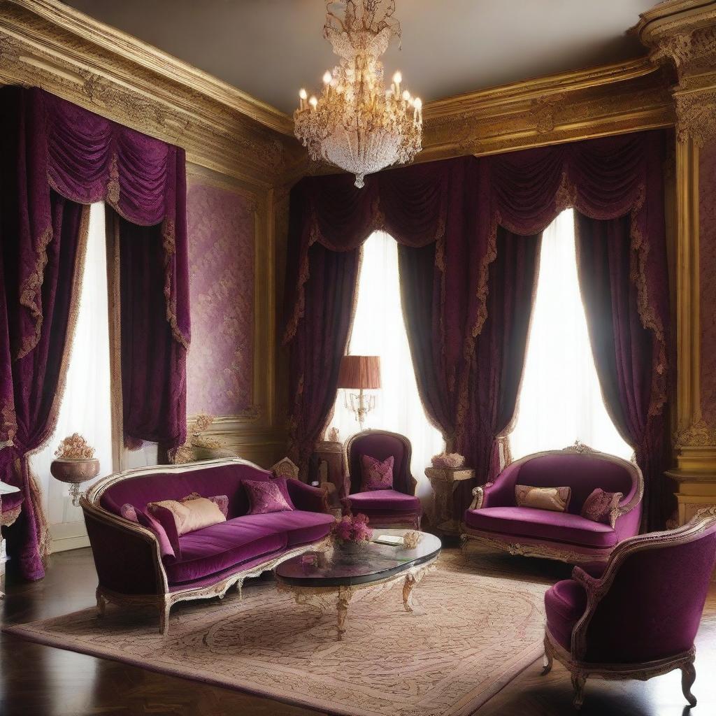 Create a luxurious hotel room inspired by the style of Louis XIV, featuring ornate furniture, rich fabrics, gilded decorations, and an opulent chandelier