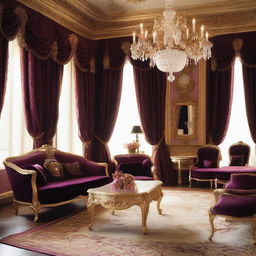 Create a luxurious hotel room inspired by the style of Louis XIV, featuring ornate furniture, rich fabrics, gilded decorations, and an opulent chandelier