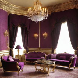 Create a luxurious hotel room inspired by the style of Louis XIV, featuring ornate furniture, rich fabrics, gilded decorations, and an opulent chandelier