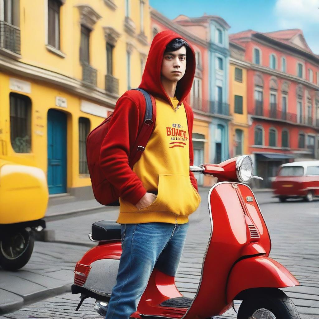 A movie poster featuring a delivery guy wearing a red hoodie, blue jeans, and a yellow backpack