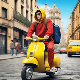 A movie poster featuring a delivery guy wearing a red hoodie, blue jeans, and a yellow backpack