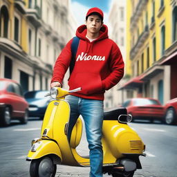 A movie poster featuring a delivery guy wearing a red hoodie, blue jeans, and a yellow backpack