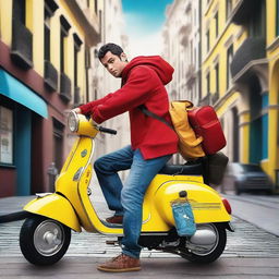 A movie poster featuring a delivery guy wearing a red hoodie, blue jeans, and a yellow backpack