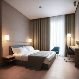 Design a modern hotel room that is 3 meters wide and 5 meters long