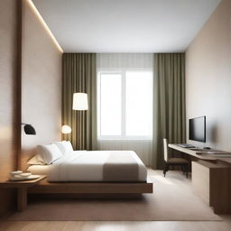 Design a modern hotel room that is 3 meters wide and 5 meters long