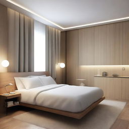 Design a modern hotel room that is 3 meters wide and 5 meters long