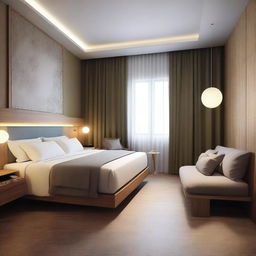 Design a modern hotel room that is 3 meters wide and 5 meters long