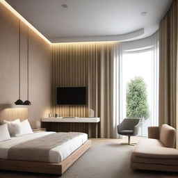 Design a modern hotel room that is 3 meters wide and 5 meters long