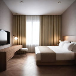 Design a modern hotel room that is 3 meters wide and 5 meters long