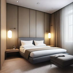 Design a modern hotel room that is 3 meters wide and 5 meters long