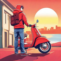 A high-quality digital art poster featuring a delivery guy wearing a red hoodie, blue jeans, and a backpack