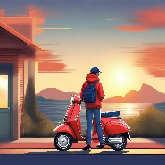 A high-quality digital art poster featuring a delivery guy wearing a red hoodie, blue jeans, and a backpack