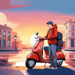 A high-quality digital art poster featuring a delivery guy wearing a red hoodie, blue jeans, and a backpack