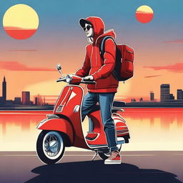 A high-quality digital art poster featuring a delivery guy wearing a red hoodie, blue jeans, and a backpack